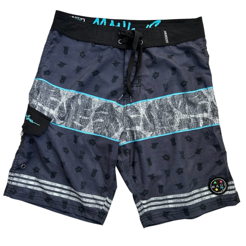 MAUI & SON’S Men’s Black Shark Boardshorts 4-Way Stretch Blk/Gray/Aqua Pocket 30